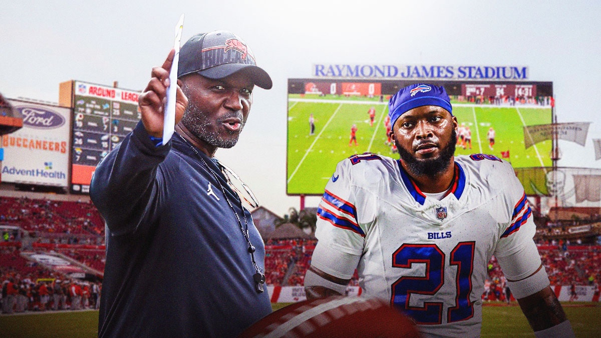 Todd Bowles next to Mike Edwards (Bills) in front of the Buccaneers stadium