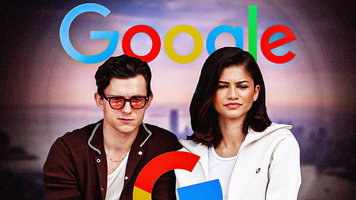 Spider-Man stars Tom Holland and his girlfriend Zendaya with Google logo in between them.