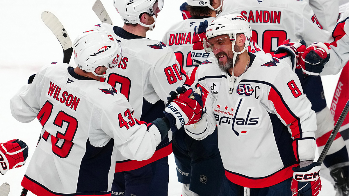 Washington Capitals left wing Alex Ovechkin (8) celebrates with Washington Capitals right wing Tom Wilson (43) after the Capitals defeated the Vegas Golden Knights 5-2 at T-Mobile Arena.