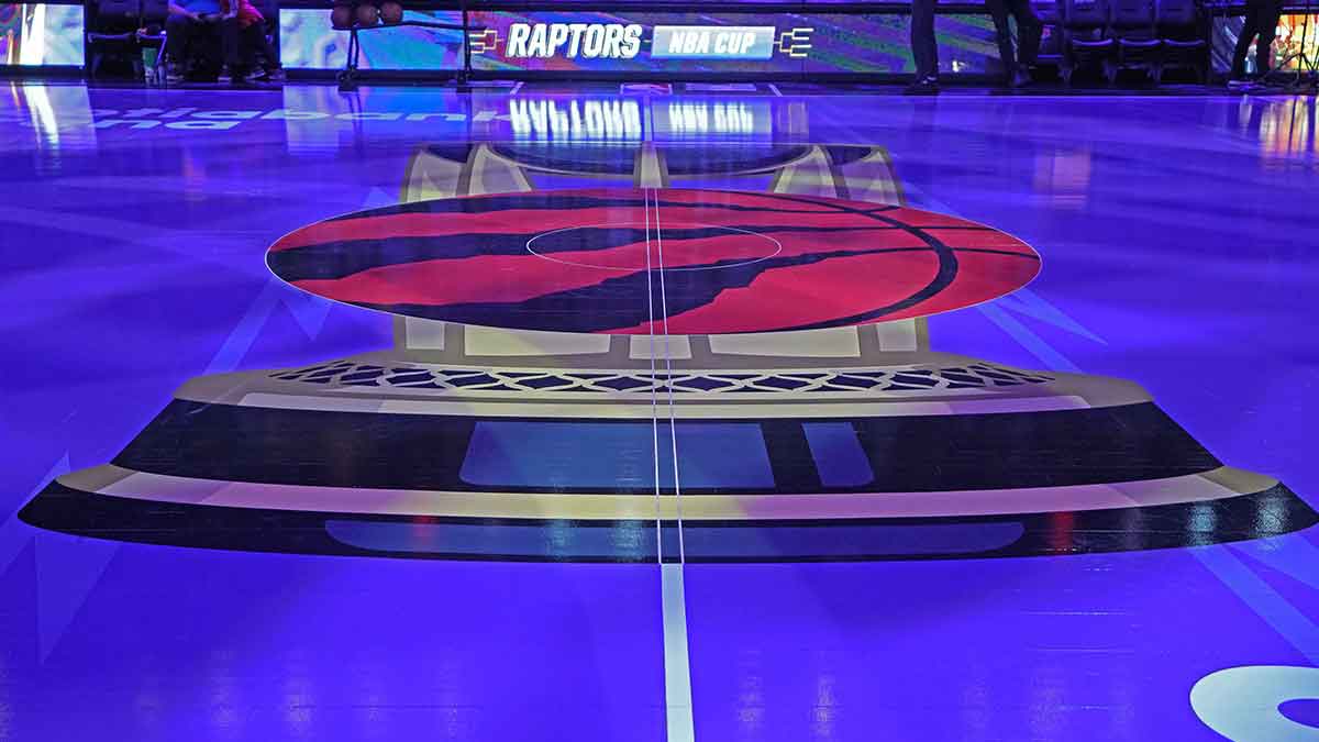 A general view of centre court at Scotiabank Arena before the start of a game between the Detroit Pistons and the Toronto Raptors. The Raptors earned praise for their city edition throwbacks to their vintage 1990s jersey design.