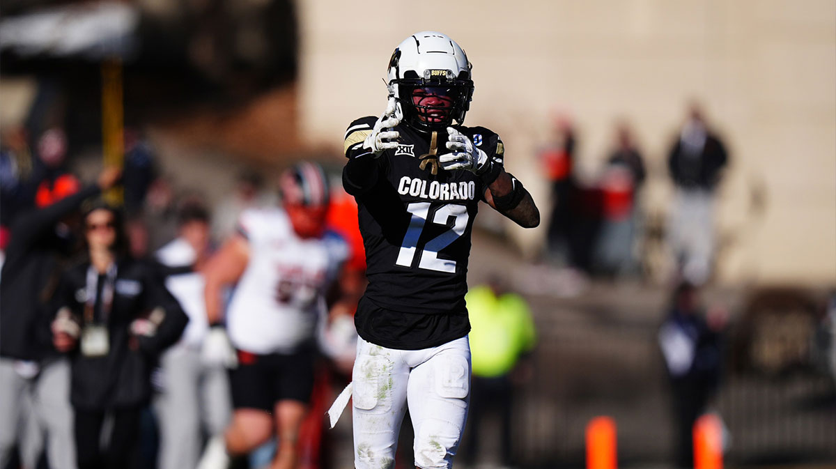 Colorado Buffaloes wide receiver Travis Hunter (12) celebrates his first down reception in the fourth quarter against the Oklahoma State Cowboys at Folsom Field.