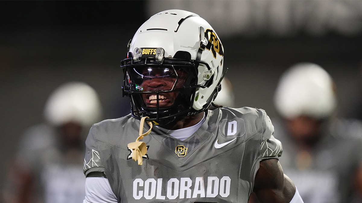 Colorado Buffaloes wide receiver Travis Hunter (12) reacts after touchdown reception in the first quarter against the Cincinnati Bearcats at Folsom Field.