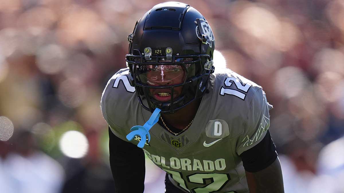 Colorado Buffaloes defensive back Travis Hunter (12) looks on during the first quarter against the Utah Utes at Folsom Field.