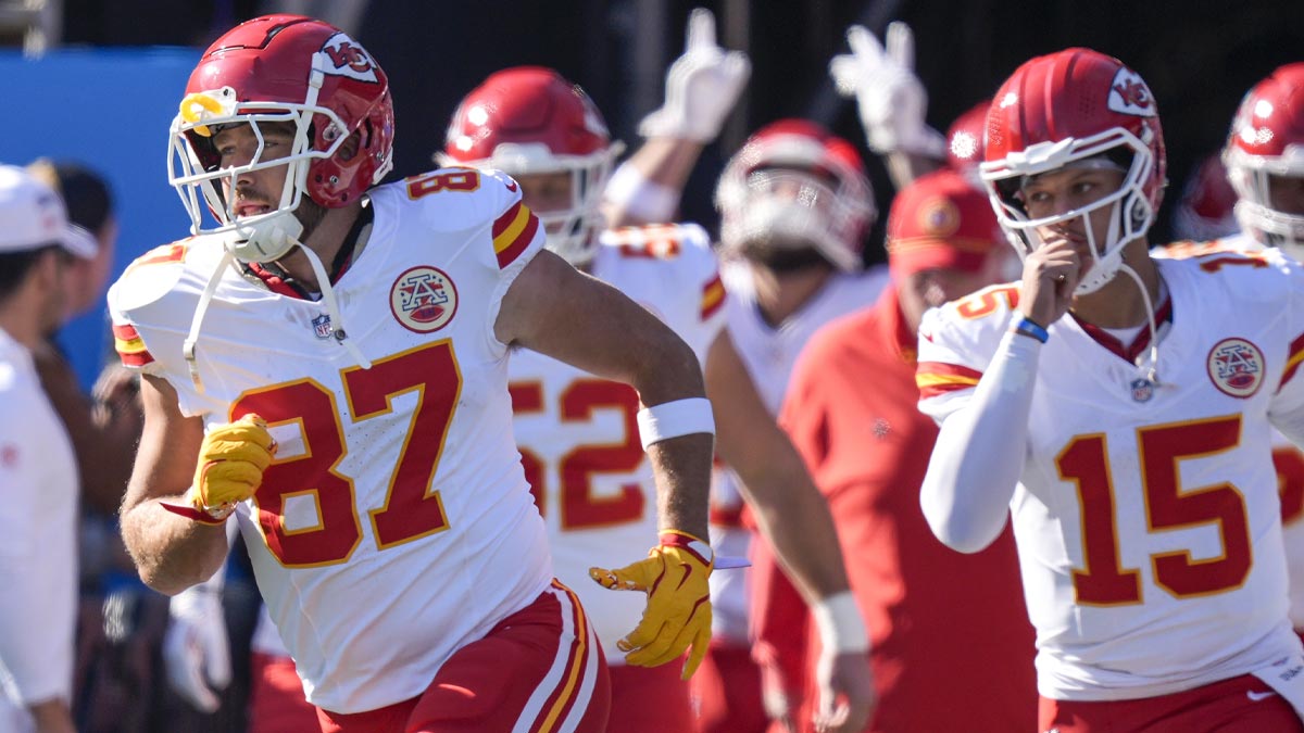 Travis Kelce, Patrick Mahomes before Chiefs game against Panthers on November 24, 2024.