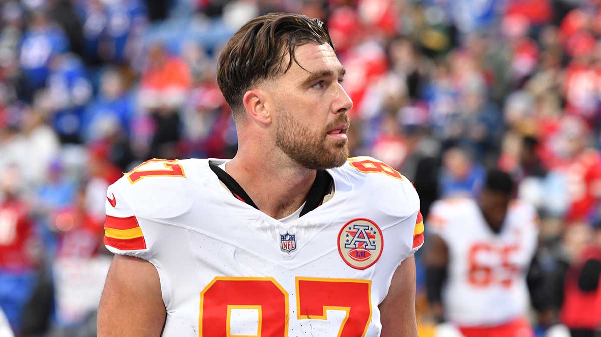 Nov 17, 2024; Orchard Park, New York, USA; Kansas City Chiefs tight end Travis Kelce (87) leaves the field after warm ups before a game against the Buffalo Bills at Highmark Stadium. Mandatory Credit: Mark Konezny-Imagn Images