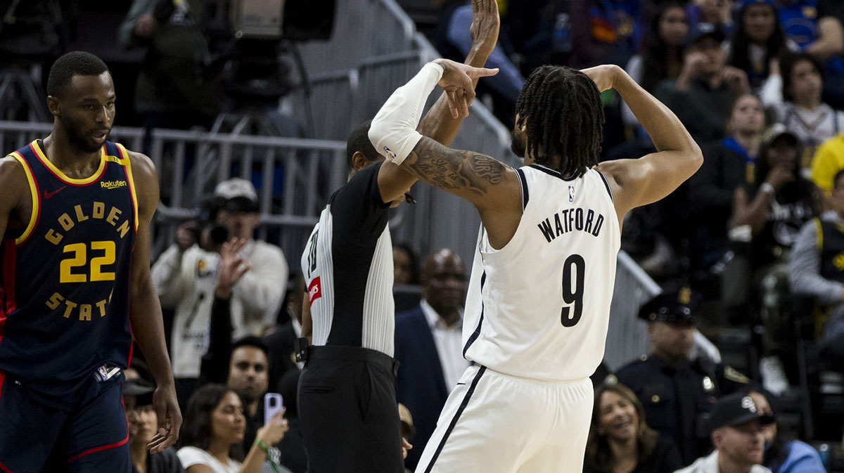 Brooklyn Nets forward Trendon Watford (9) reacts after hitting a three-point shot against the Golden State Warriors during the second half at Chase Center.