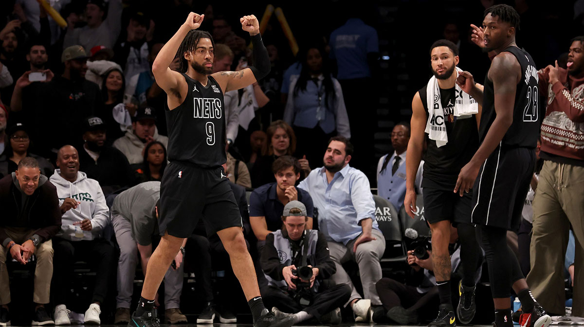 Brooklyn Nets forward Trendon Watford (9) reacts after defeating the Charlotte Hornets at Barclays Center.