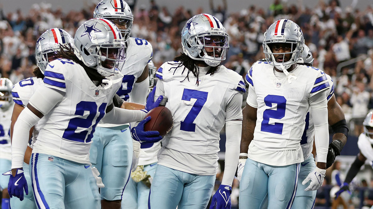 Dallas Cowboys cornerback Trevon Diggs (7) and his teammates react after an interception in the second quarter against the Philadelphia Eagles at AT&T Stadium.