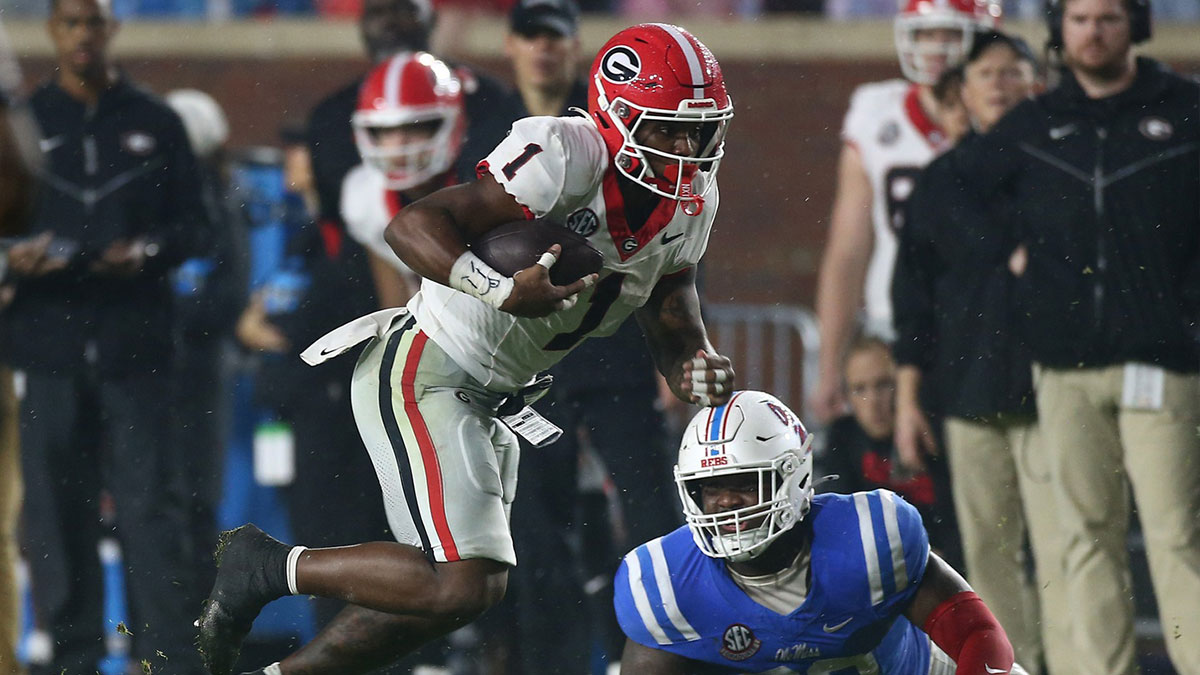 Georgia Bulldogs running back Trevor Etienne (1) runs the ball during the second half against the Mississippi Rebels at Vaught-Hemingway Stadium.