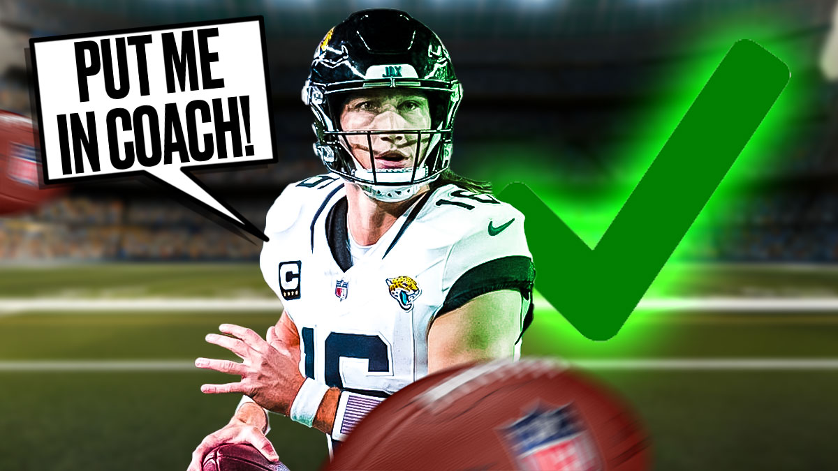 Jaguars' Trevor Lawrence next to big green check mark and a talk bubble PUT ME IN COACH!