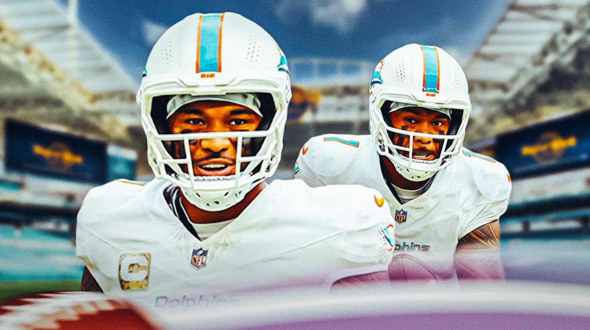 Miami Dolphins star Tua Tagovailoa in front of Hard Rock Stadium.