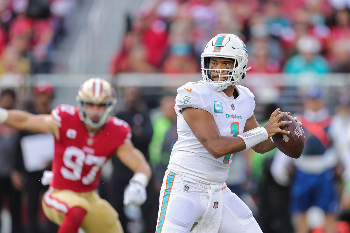 Miami Dolphins quarterback Tua Tagovailoa (1) looks to pass the ball during the first quarter against the San Francisco 49ers at Levi's Stadium.