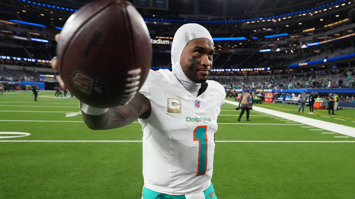 Miami Dolphins quarterback Tua Tagovailoa (1) leaves the field after the game against the Los Angeles Rams at SoFi Stadium.