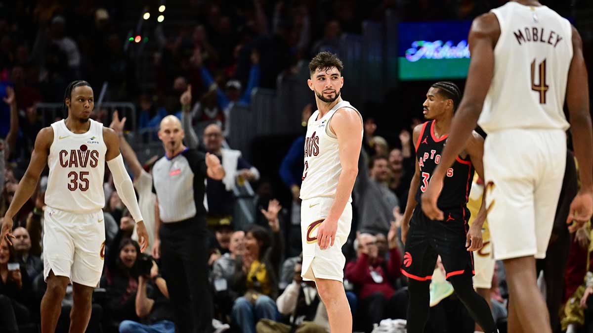 Cleveland Cavaliers guard Ty Jerome (2) celebrates after hitting a three point basket during the second half against the Toronto Raptors at Rocket Mortgage FieldHouse.