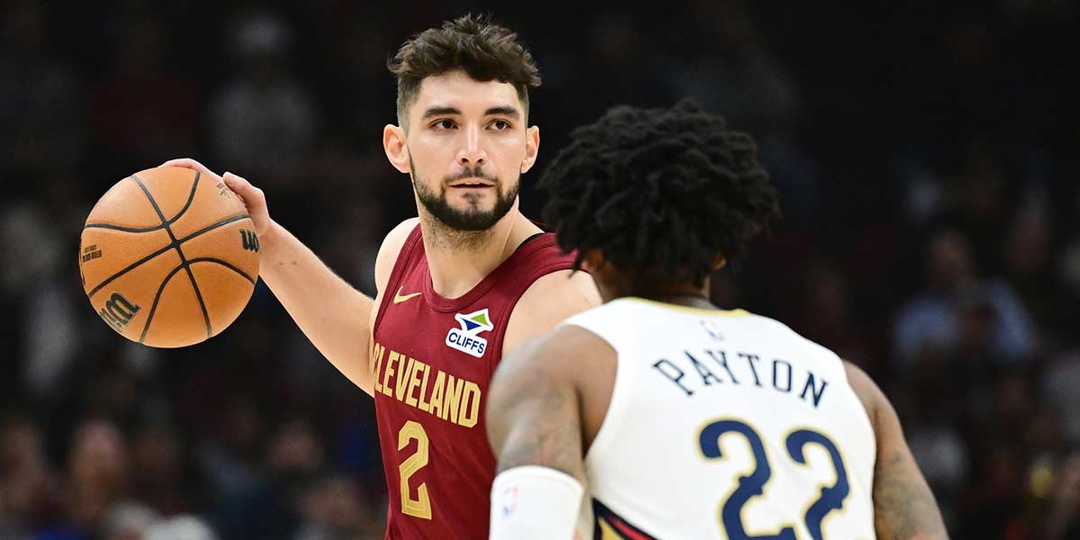 Cleveland Cavaliers guard Ty Jerome (2) brings the ball up court against New Orleans Pelicans guard Elfrid Payton (22) during the first quarter at Rocket Mortgage FieldHouse.