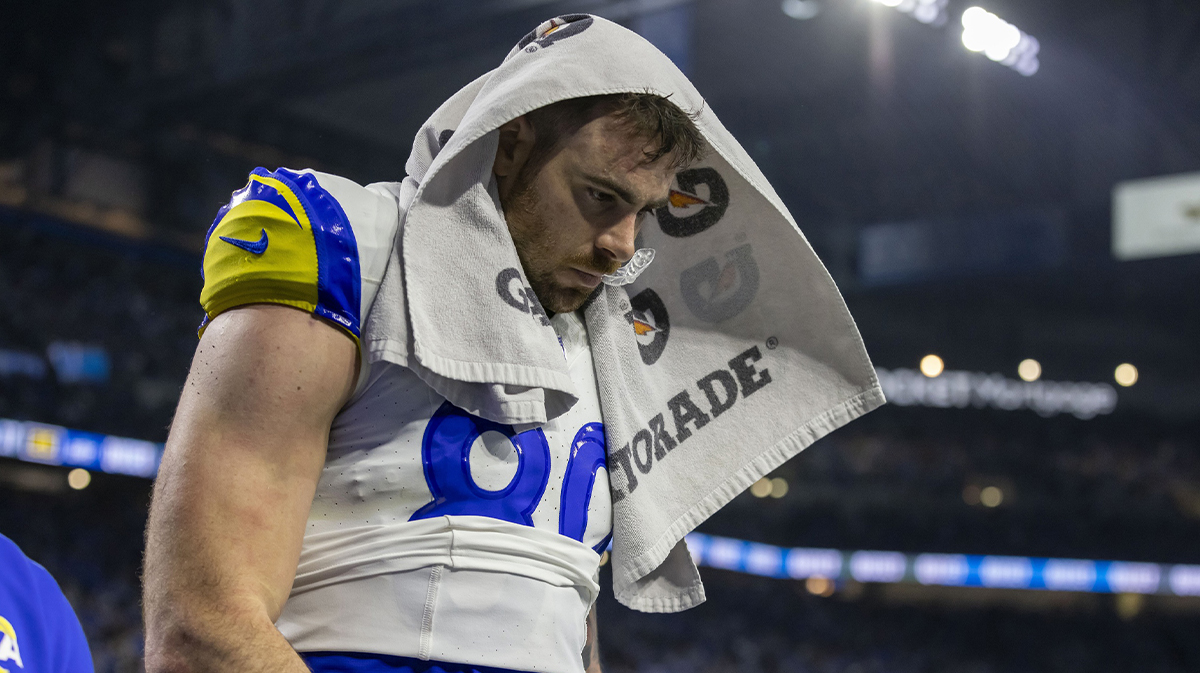 Los Angeles Rams tight end Tyler Higbee (89) leaves the field after losing a 2024 NFC wild card game against the Detroit Lions at Ford Field.
