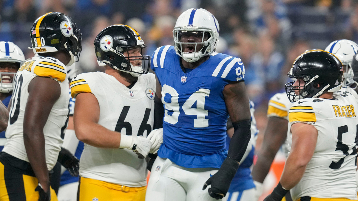Indianapolis Colts defensive end Tyquan Lewis (94) celebrates after a play Sunday, Sept. 29, 2024, during a game against the Pittsburgh Steelers at Lucas Oil Stadium in Indianapolis.