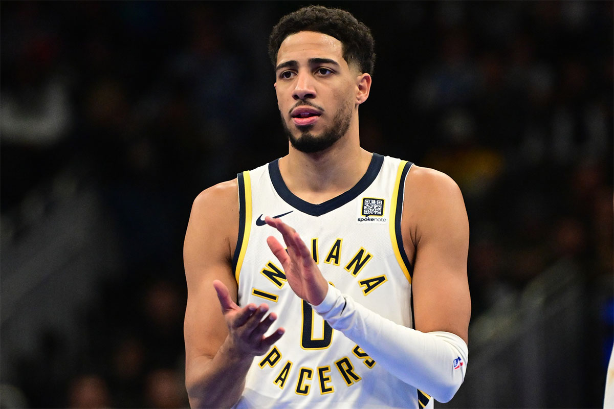 Indiana Pacers guard Tyrese Haliburton (0) reacts in the third quarter against the Milwaukee Bucks at Fiserv Forum.