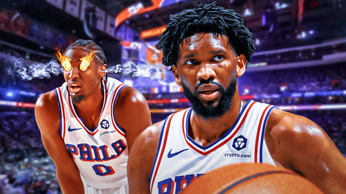 76ers' Tyrese Maxey with flames in eyes next to Joel Embiid