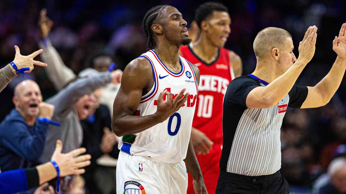 Philadelphia 76ers guard Tyrese Maxey (0) reacts to his three pointer against the Houston Rockets during the third quarter at Wells Fargo Center.