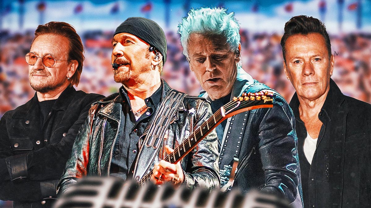 U2 members Bono, The Edge, Adam Clayton, and Larry Mullen Jr, who will tour again in the future wtih stadium crowd background.