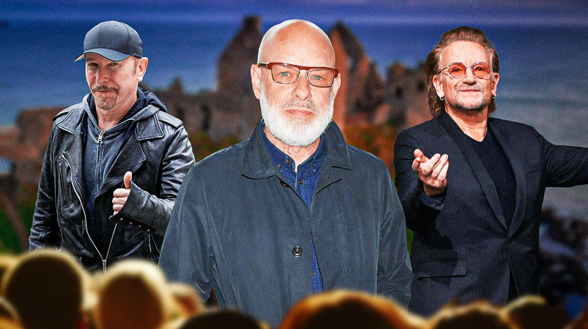 U2 members The Edge and Bono with Brian Eno in between them and Ireland background.