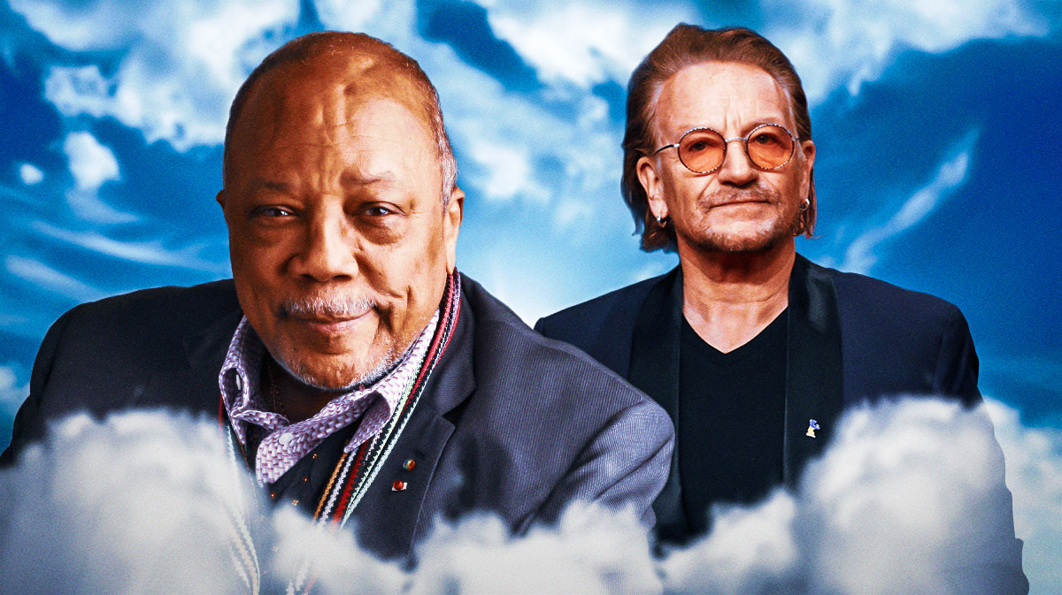 Quincy Jones, whose tragic death was announced on November 4, 2024, next to U2 lead singer Bono.