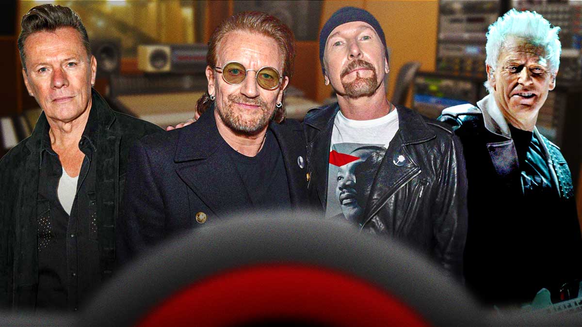 U2 members Larry Mullen Jr, Bono, The Edge, and Adam Clayton, who are recording their next album.