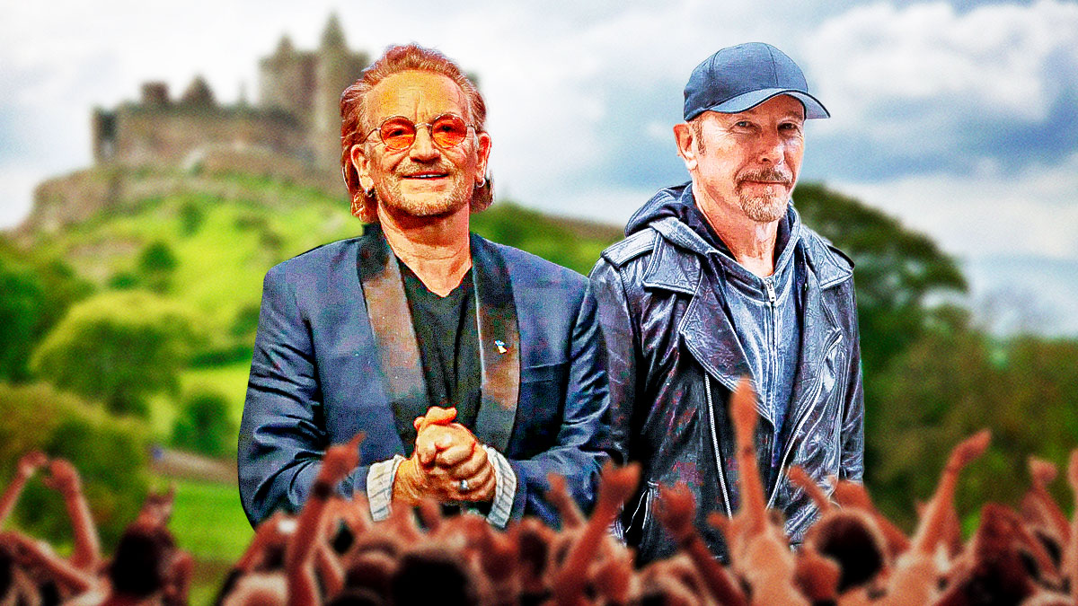 U2 members Bono and The Edge in front of Ireland countryside.