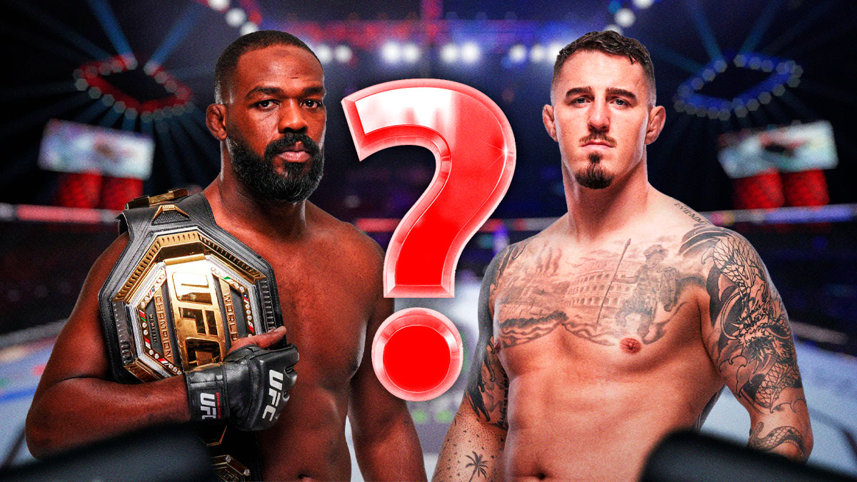 UFC Jon Jones and UFC Tom Aspinall with a question mark