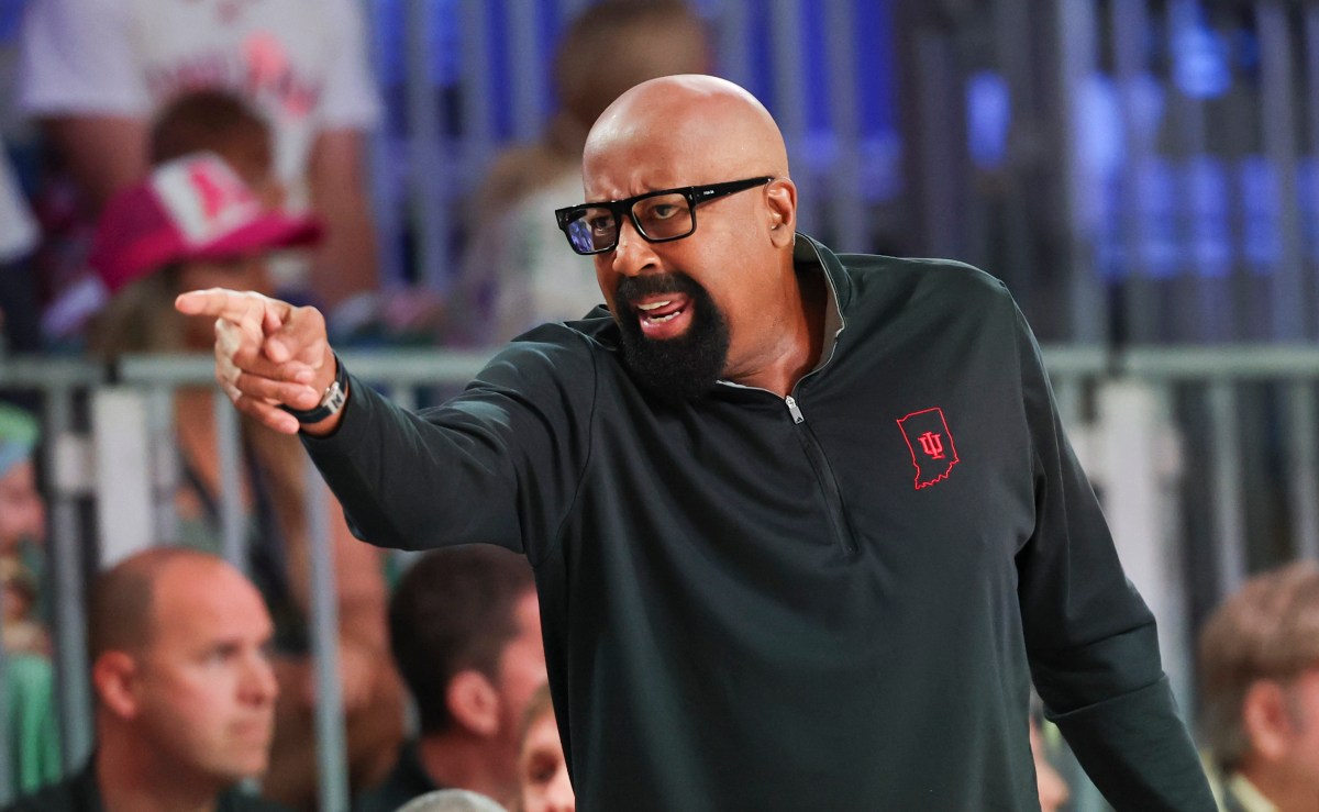 Paradise Island, Bahamas, BHS; Indiana Hoosiers head coach Mike Woodson reacts during the first half against the Louisville Cardinals at the Atlantis Resort.