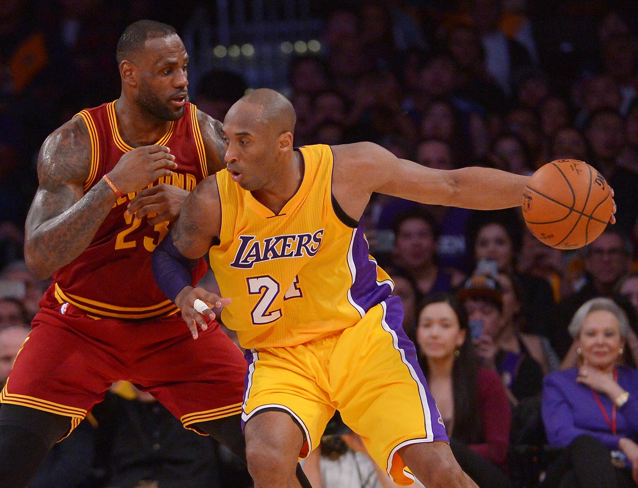 Cleveland Cavaliers forward LeBron James (23) guards Los Angeles Lakers forward Kobe Bryant (24) on the court in the first half of the game at Staples Center. 