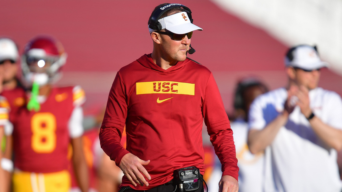 USC Trojans head football coach Lincoln Riley watches game action against the Nebraska Cornhuskers during the second half at the Los Angeles Memorial Coliseum