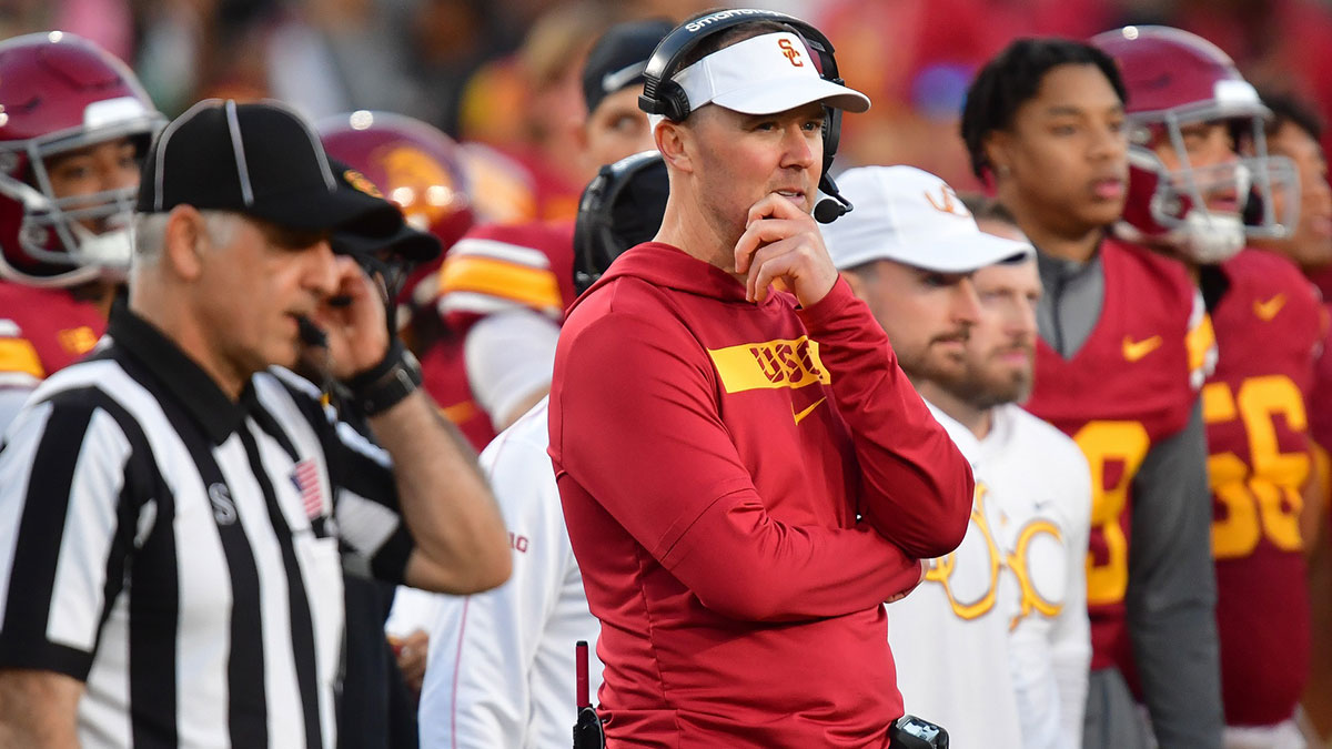Southern California Trojans head coach Lincoln Riley watches game action against the Nebraska Cornhuskers during the second half at the Los Angeles Memorial Coliseum