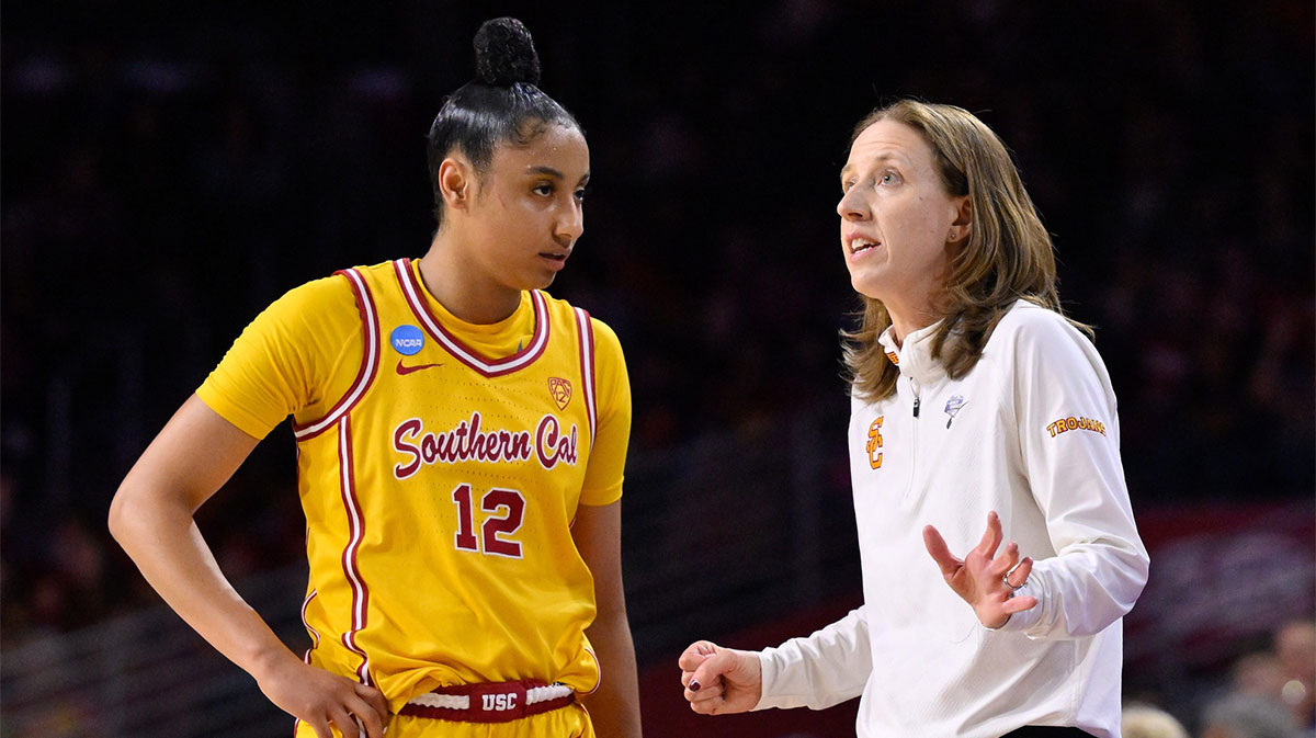 Southern California guard JuJu Watkins (12) with coach Lindsay Gottlieb during an NCAA women's tournament game against Kansas at Galen Center