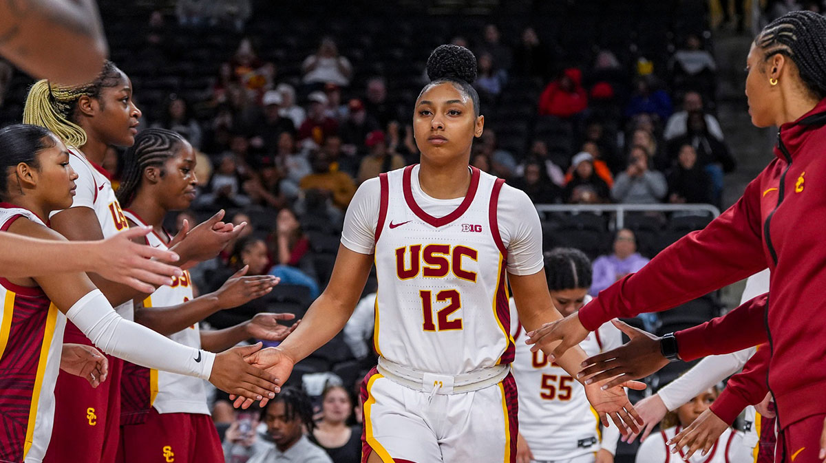 USC Trojans guard JuJu Watkins (12) is announced with starting lineup before their game in the Acrisure Series in Palm Desert, Calif., Wednesday, Nov. 27, 2024.