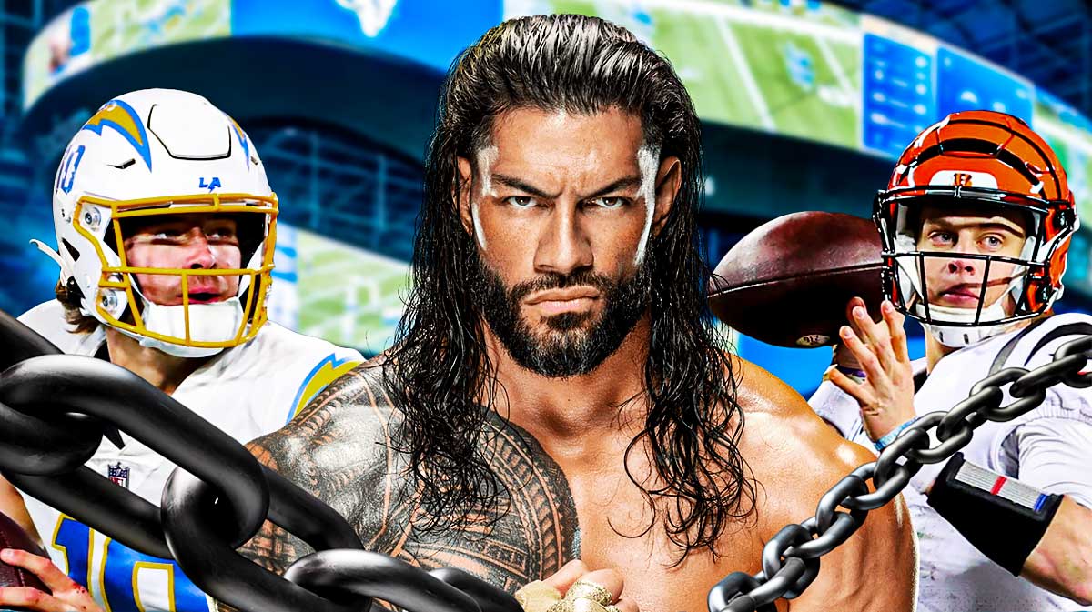 WWE star Roman Reigns in between Los Angeles Chargers quarterback Justin Herbert and Cincinnati Bengals quarterback Joe Burrow and SoFi Stadium background.