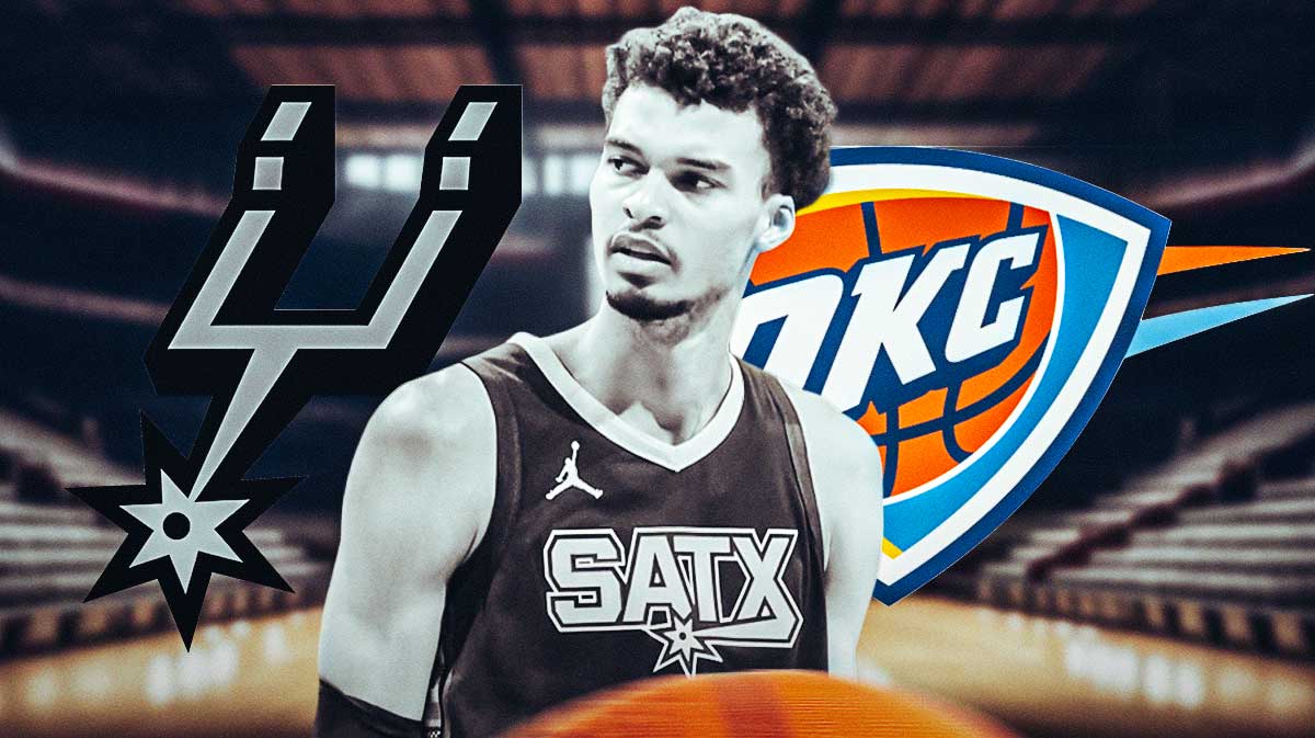Spurs' Victor Wembanyama greyed out next to Spurs & Oklahoma City Thunder logos
