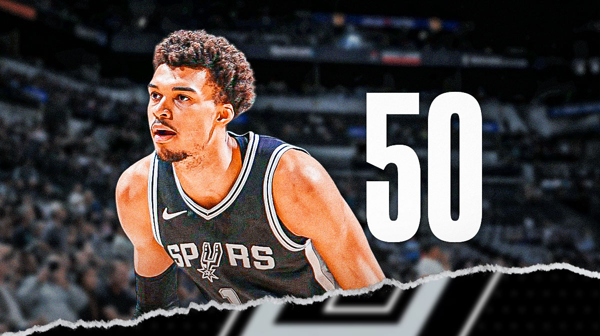 Spurs' Victor Wembanyama looking matter-of-fact, the number 50 on the image