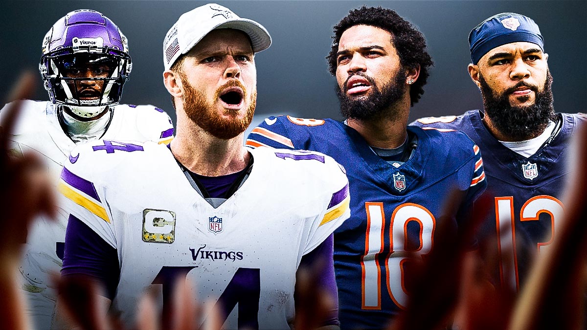 Vikings Sam Darnold and Jordan Addison standing across from Bears' Caleb Williams and Keenan Allen