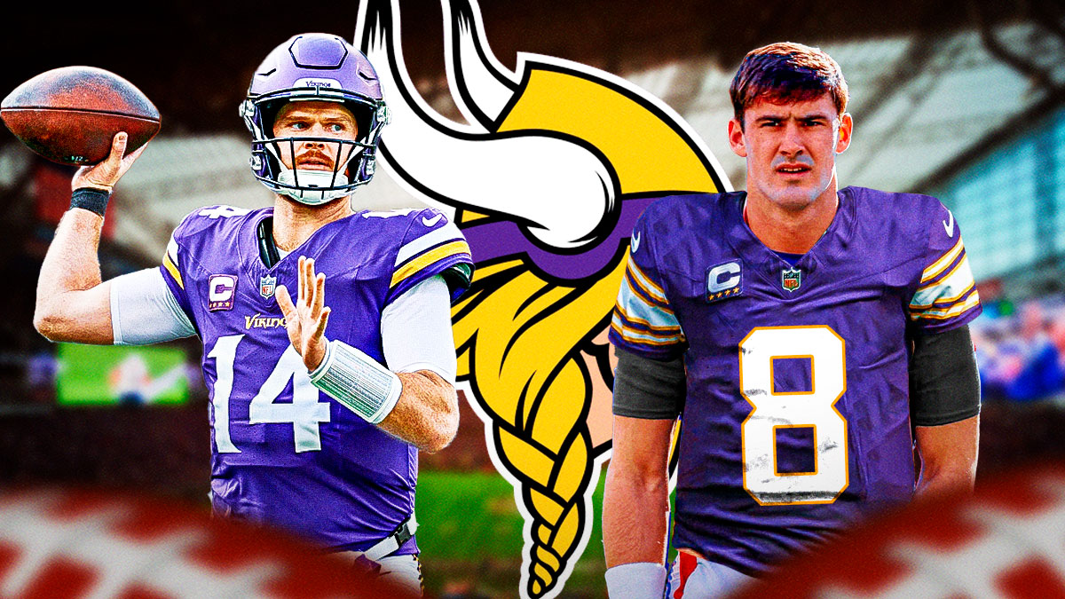 Vikings Sam Darnold throwing a pass next to Daniel Jones in a Vikings jersey
