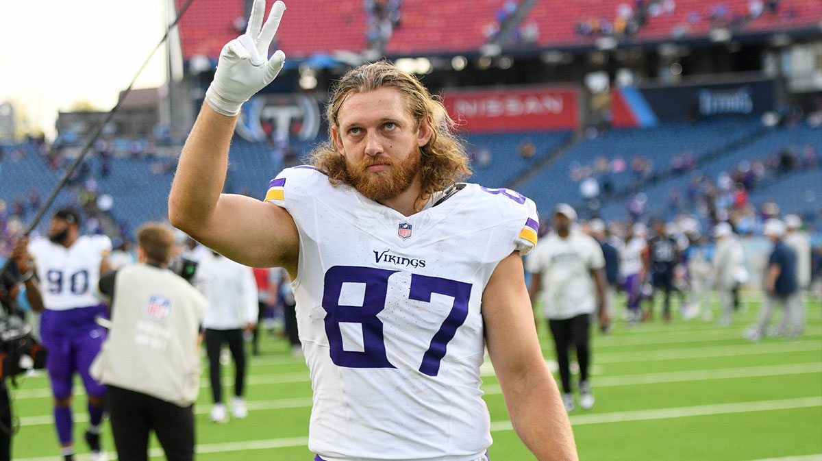 Minnesota Vikings tight end T.J. Hockenson (87) waves to the crowd against the Tennessee Titans during the second half at Nissan Stadium.