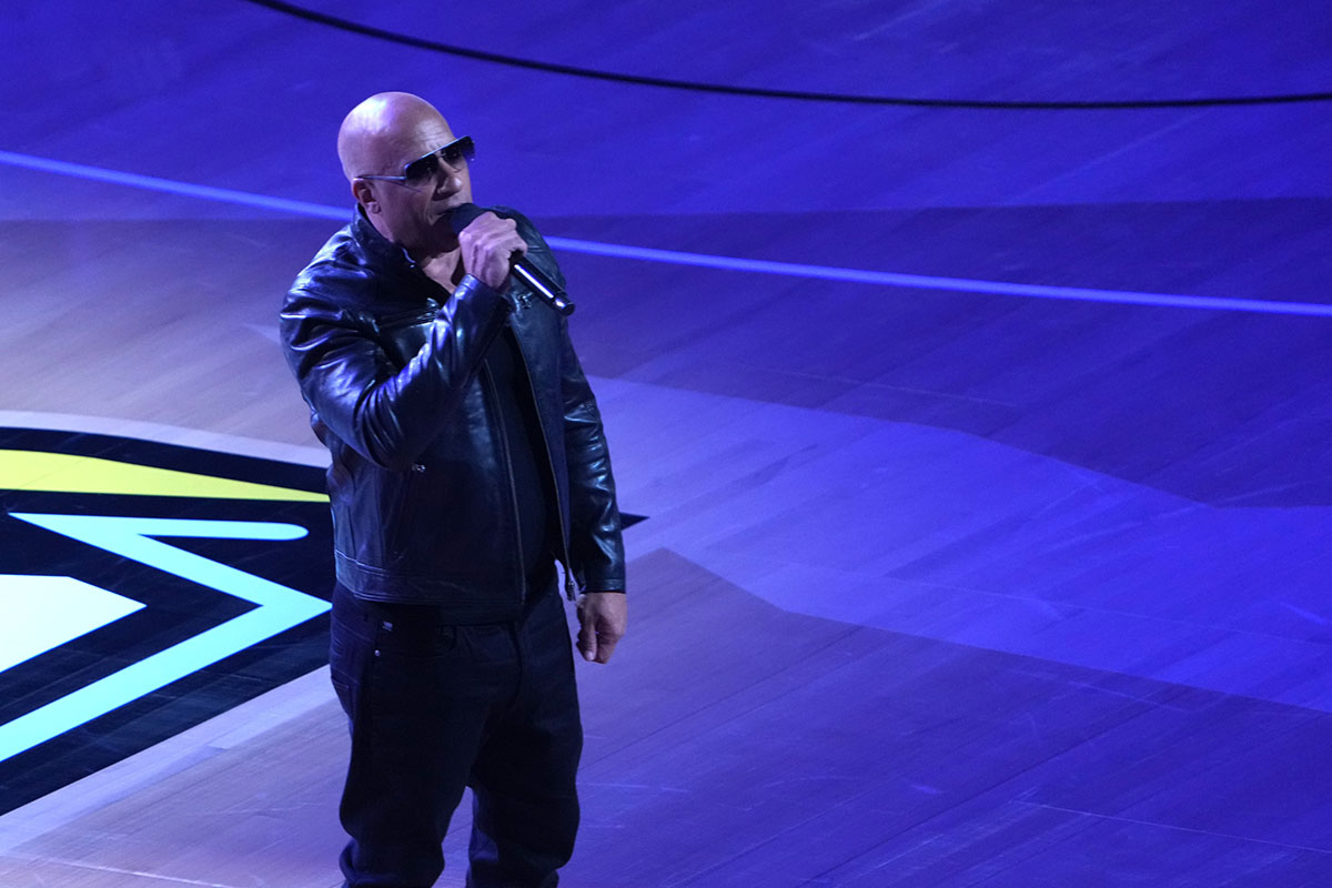 Vin Diesel speaking at NBA All-Star Game in 2023.