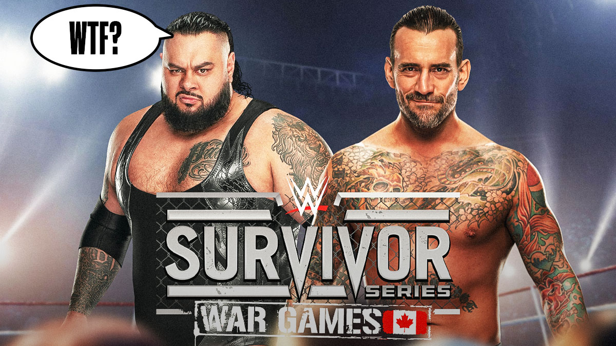 Bronson Reed with a text bubble reading "WTF?" next to CM Punk with the 2024 Survivor Series WarGames logo as the background.
