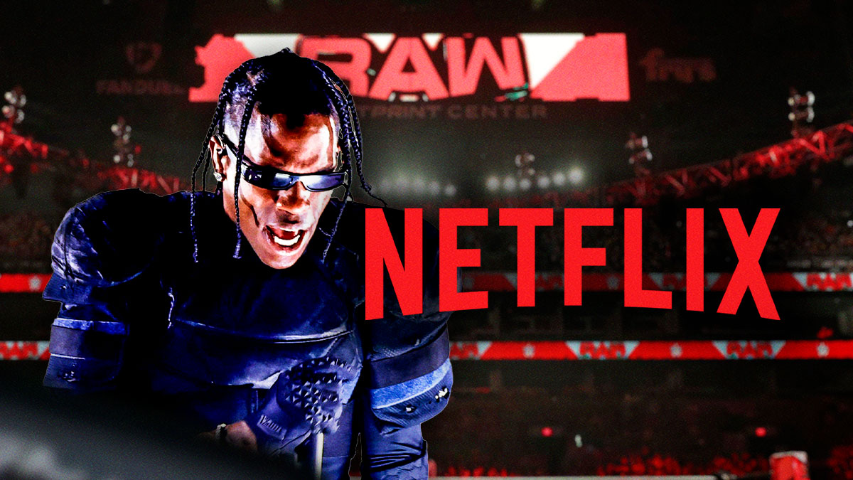 Travis Scott with Netflix logo and WWE Monday Night RAW logo.