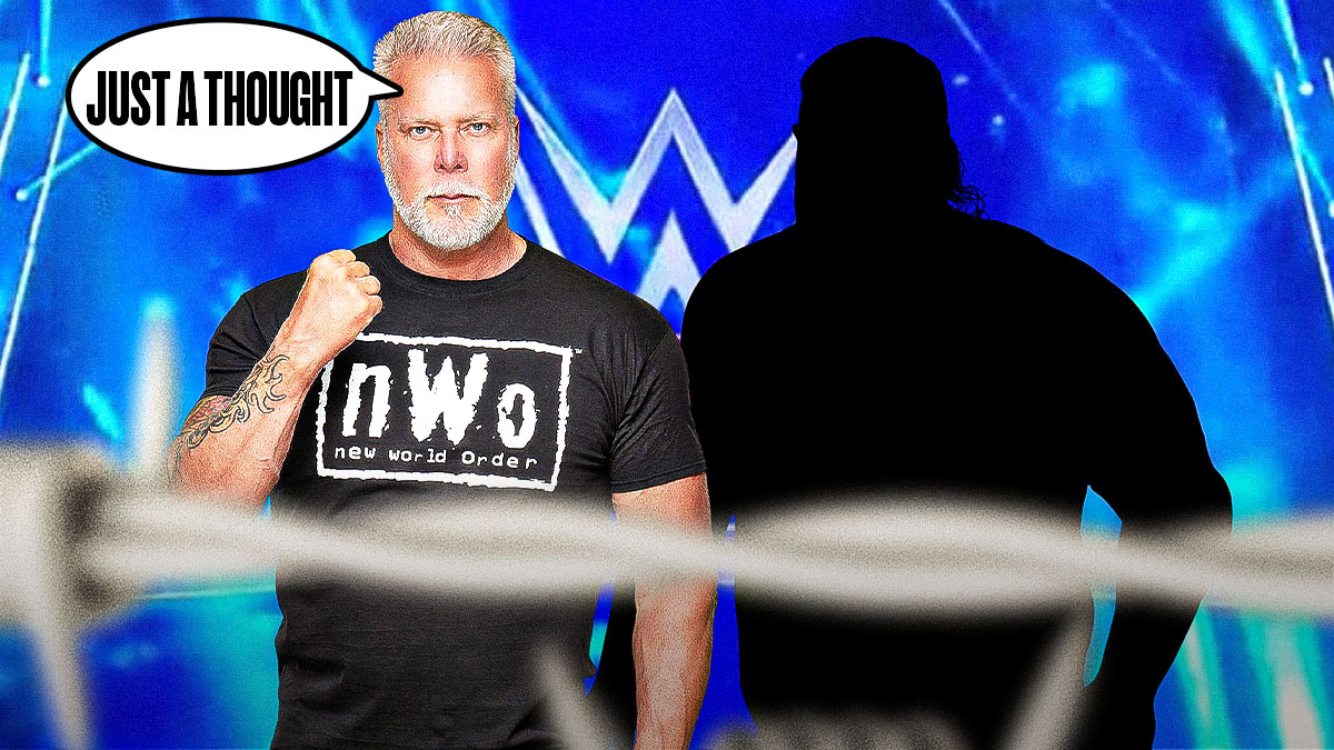 Kevin Nash with a text bubble reading "Just a thought" next to the blacked-out silhouette of Bronson Reed in front of the WWE logo.