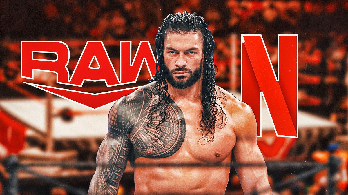 Roman Reigns with WWE Monday Night RAW logo and Netflix logo.