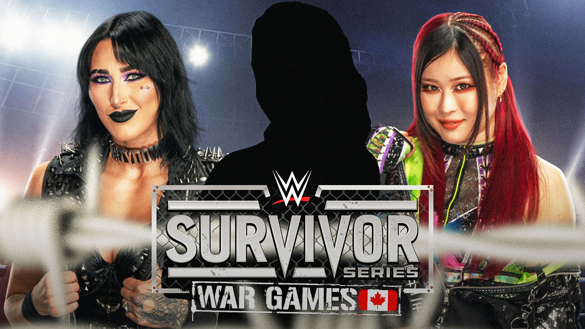 Rhea Ripley next to IYO SKY and the blacked-out silhouette of Bayley in front of the 2024 Survivor Series logo as the background.