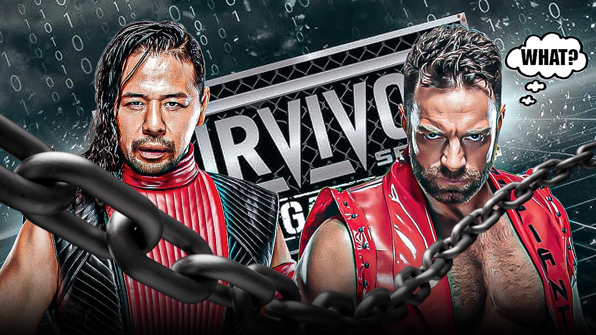 Shinsuke Nakamura on the left, La Knight on the right with a text bubble reading "What?" with the 2024 Survivor Series WarGames logo as the background.