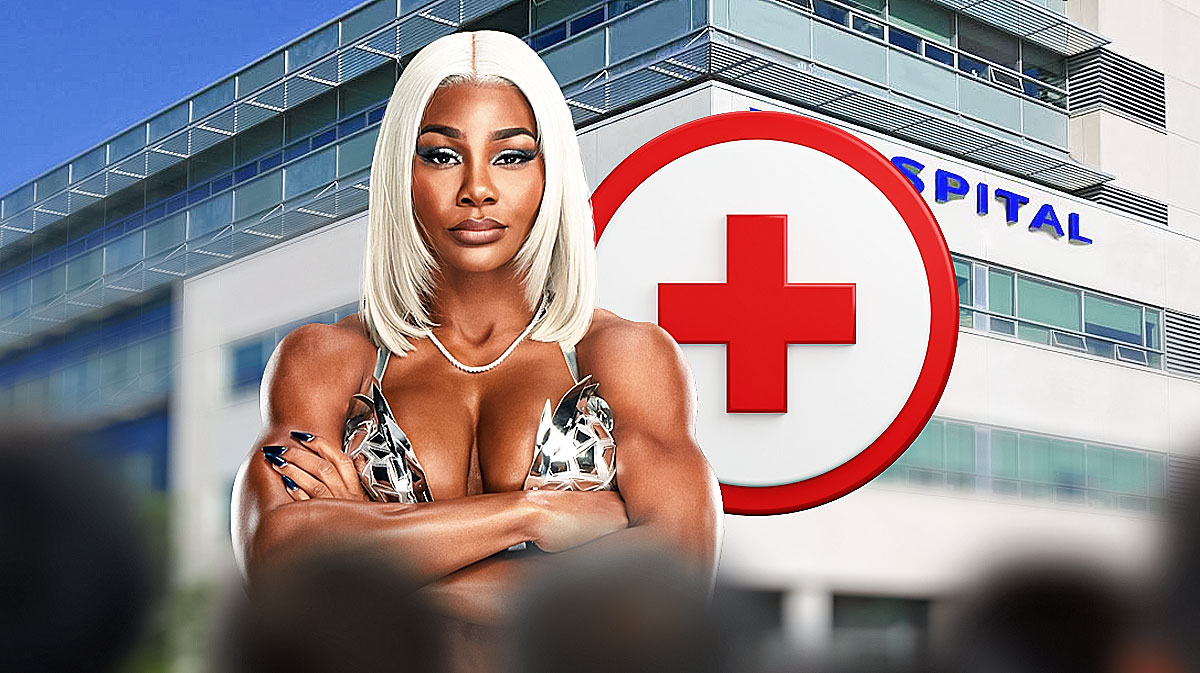 WWE star Jade Cargill, who recently suffered an injury, with hospital background.